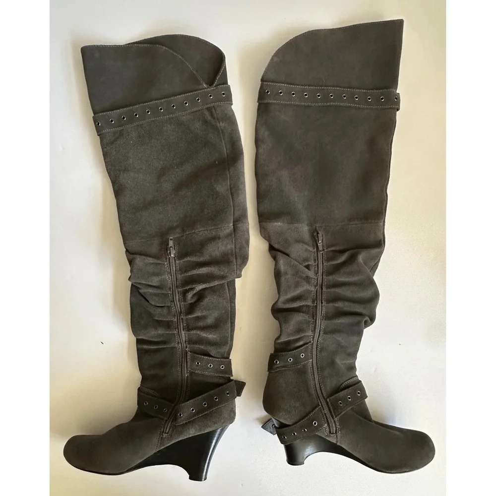 Y2K Naughty Monkey Over The Knee Suede Wedge Boots Gray Grommet Buckle 8